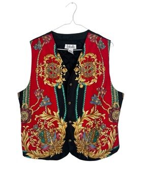 Vintage Rafaella Silk Baroque Chain Nautical Print Button Front Vest Size Large